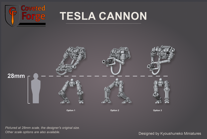 Coveted Forge scale reference: Tesla Cannon body and leg options beside a 28mm human silhouette with a 28mm reference line.