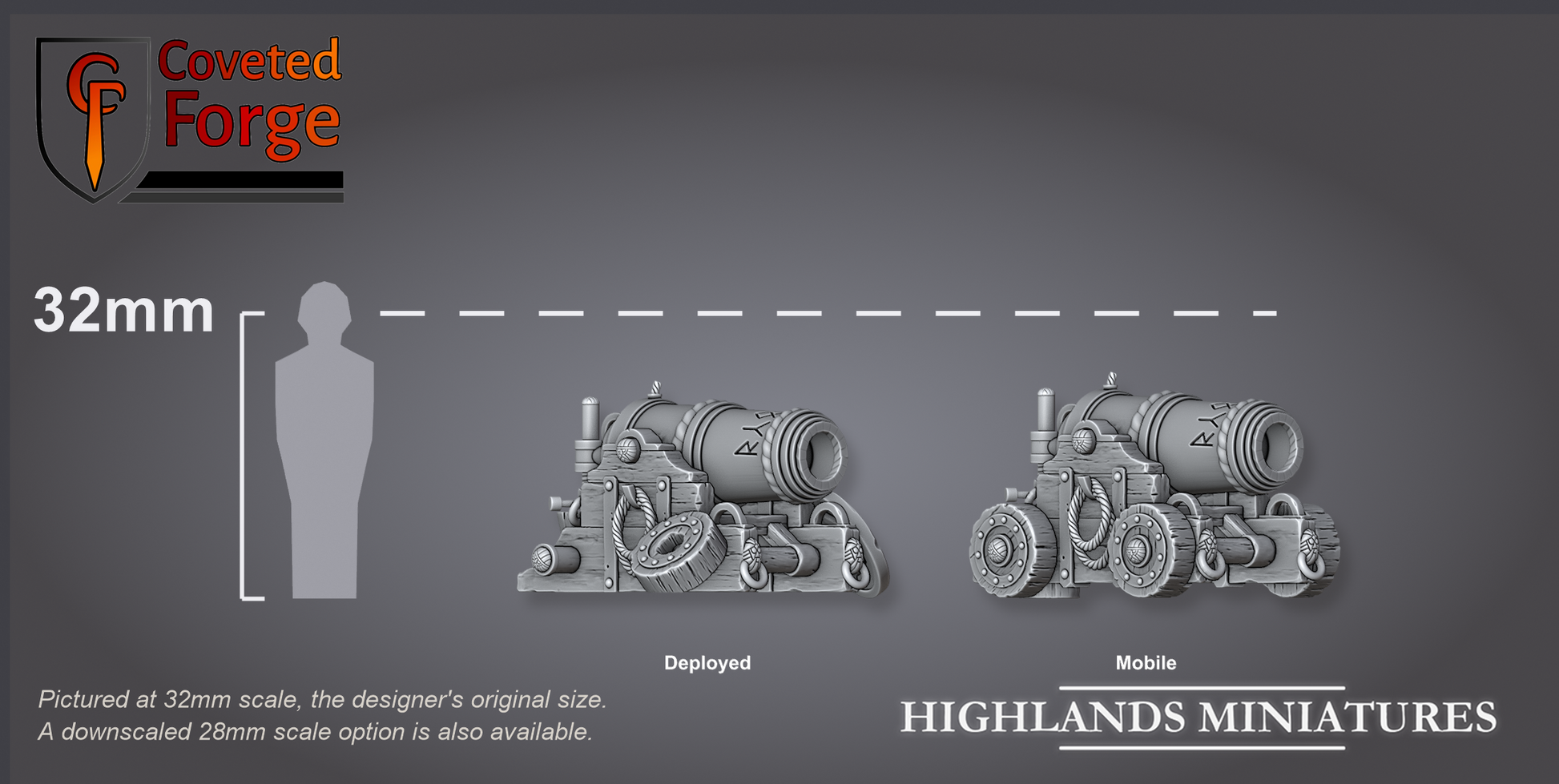 Dwarf cannon deployed and mobile builds, size compared to a 32mm human