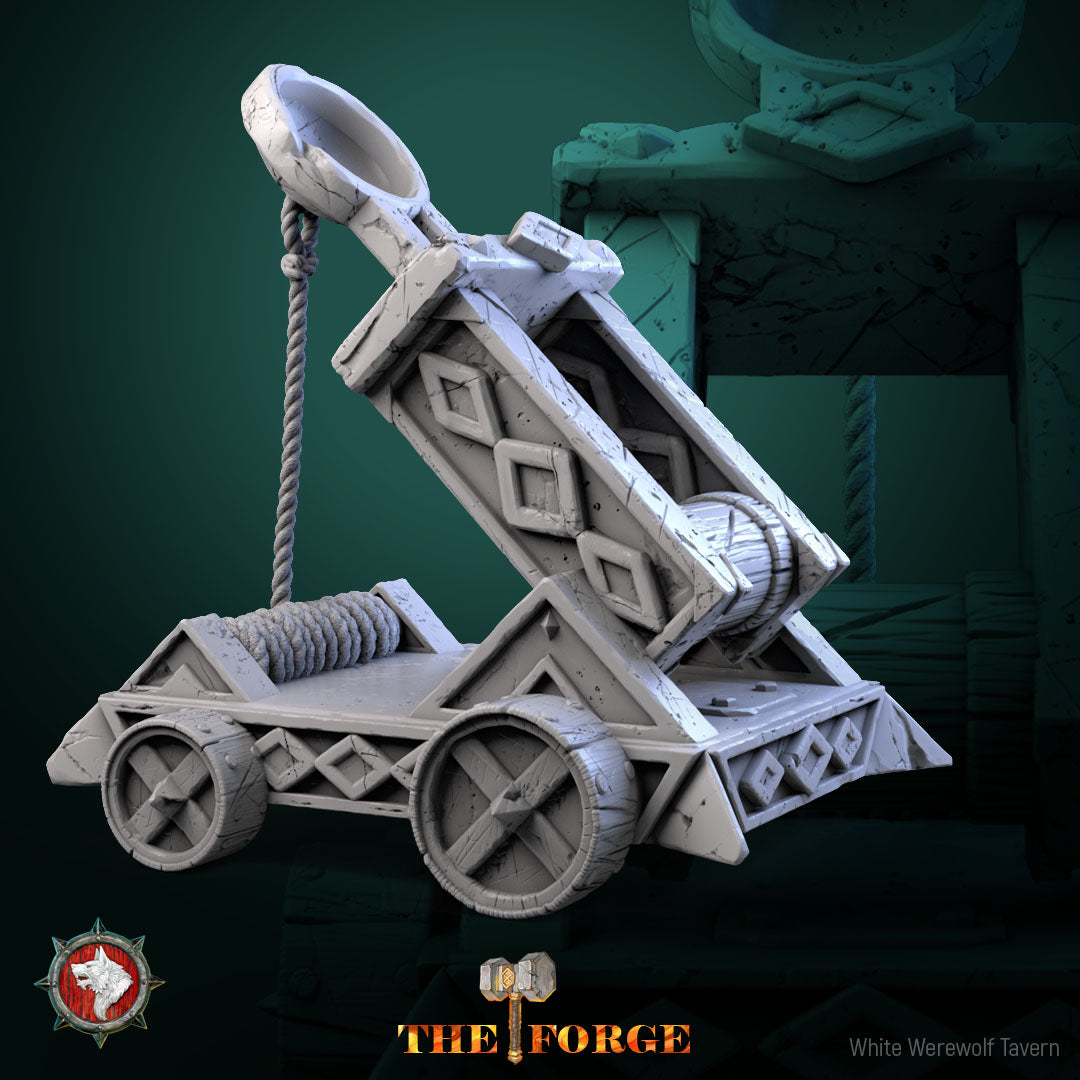 Dwarven siege catapult miniature with rope windlass, cup-ring sling arm and carved wheels