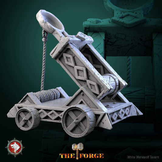 Dwarven siege catapult miniature with rope windlass, cup-ring sling arm and carved wheels