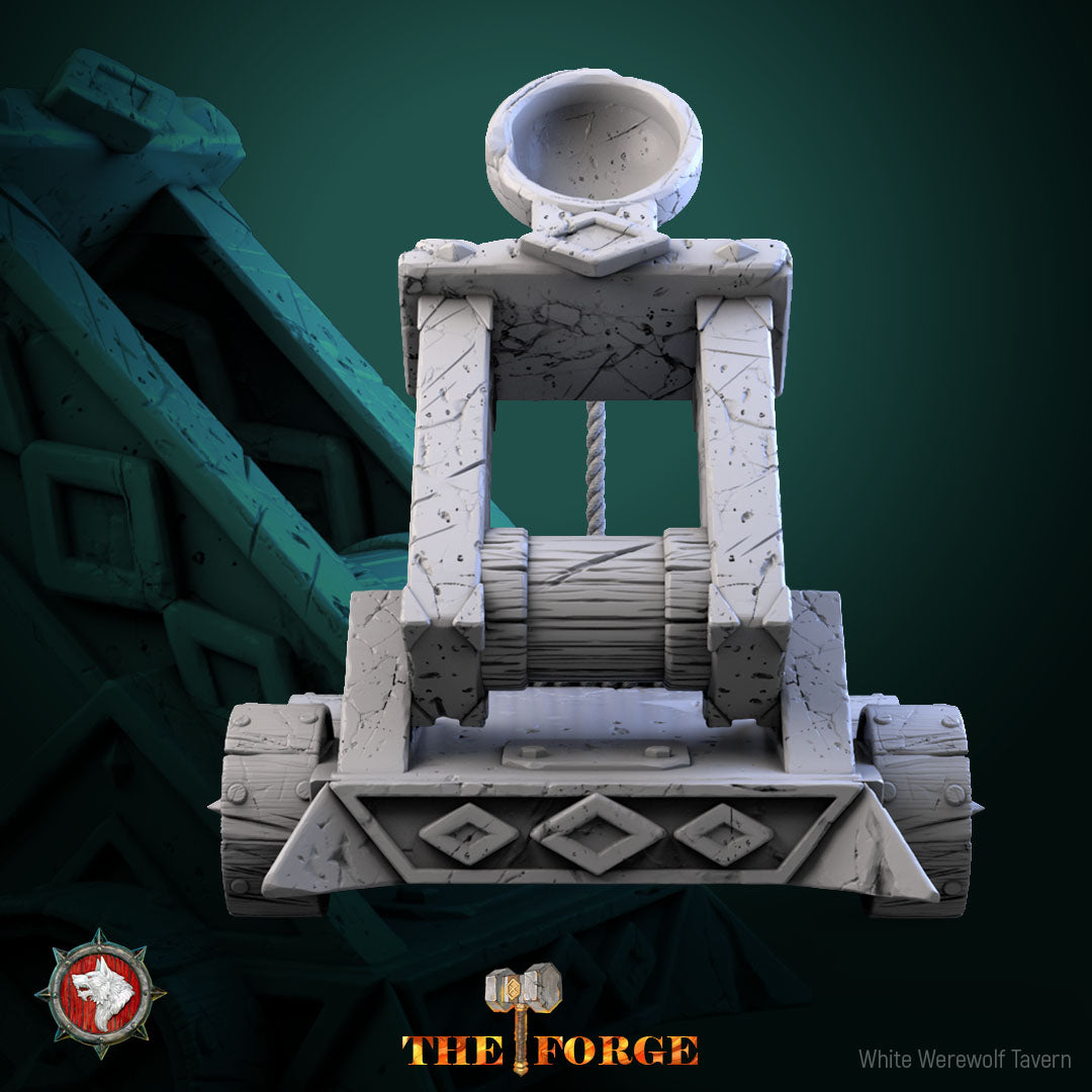 Second angle of the dwarven catapult showing the plated geometric frame
