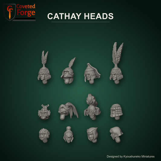 Cathay Heads by Kyoushuneko Miniatures: one head of each of the 12 styles in warm clay on a dark jade-green backdrop, Jade Warriors, Jade Warrior Archers, Jade Crossbowmen, Jade Cavalry, Heavy Armored Jade Warriors, Dragon Blades, Longma Riders, Terracotta Warriors, Monkey Warriors, Murin Warriors, Shadow Blade Assassins, Ordo Luminis Maidens, unpainted 3D-printed resin heads for 28mm, 32mm and 35mm conversions.