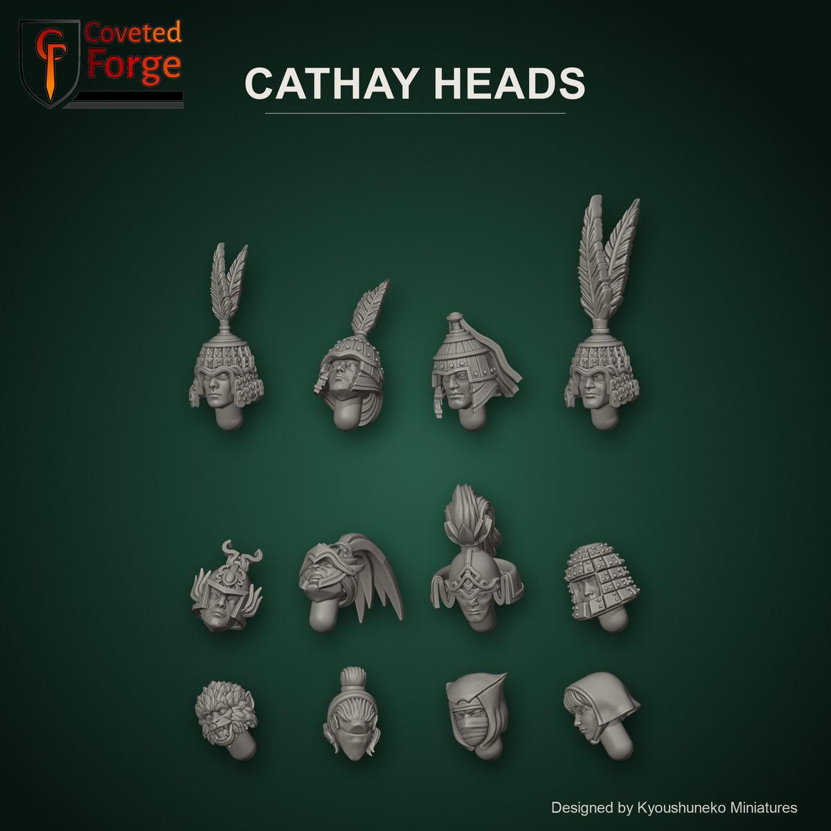 Cathay Heads by Kyoushuneko Miniatures: one head of each of the 12 styles in warm clay on a dark jade-green backdrop, Jade Warriors, Jade Warrior Archers, Jade Crossbowmen, Jade Cavalry, Heavy Armored Jade Warriors, Dragon Blades, Longma Riders, Terracotta Warriors, Monkey Warriors, Murin Warriors, Shadow Blade Assassins, Ordo Luminis Maidens, unpainted 3D-printed resin heads for 28mm, 32mm and 35mm conversions.