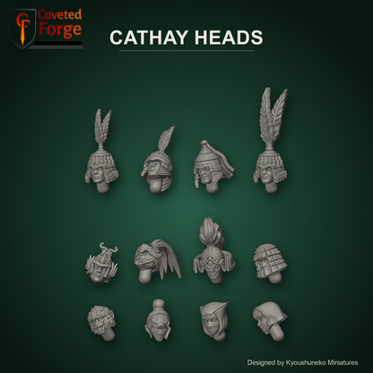 Cathay Heads by Kyoushuneko Miniatures: one head of each of the 12 styles in warm clay on a dark jade-green backdrop, Jade Warriors, Jade Warrior Archers, Jade Crossbowmen, Jade Cavalry, Heavy Armored Jade Warriors, Dragon Blades, Longma Riders, Terracotta Warriors, Monkey Warriors, Murin Warriors, Shadow Blade Assassins, Ordo Luminis Maidens, unpainted 3D-printed resin heads for 28mm, 32mm and 35mm conversions.