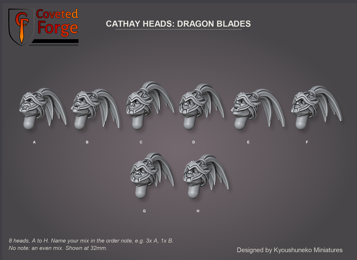 Coveted Forge bits sheet: Heads (5 of 11), Cathay Heads Dragon Blades style guide, 8 different heads lettered A to H to name in the order note, shown at 32mm, resin heads with neck pegs by Kyoushuneko Miniatures.