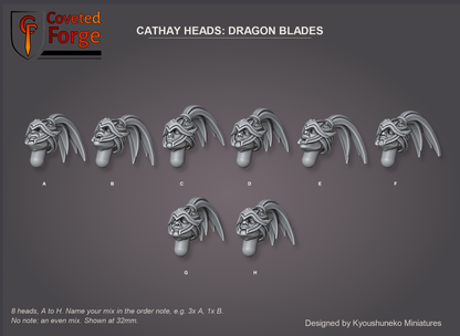 Coveted Forge bits sheet: Heads (5 of 11), Cathay Heads Dragon Blades style guide, 8 different heads lettered A to H to name in the order note, shown at 32mm, resin heads with neck pegs by Kyoushuneko Miniatures.