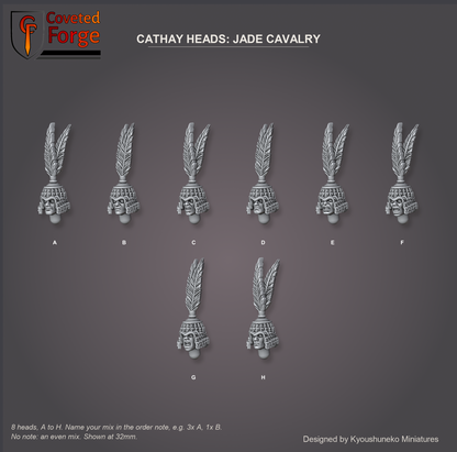 Coveted Forge bits sheet: Heads (4 of 11), Cathay Heads Jade Cavalry style guide, 8 different heads lettered A to H to name in the order note, shown at 32mm, resin heads with neck pegs by Kyoushuneko Miniatures.