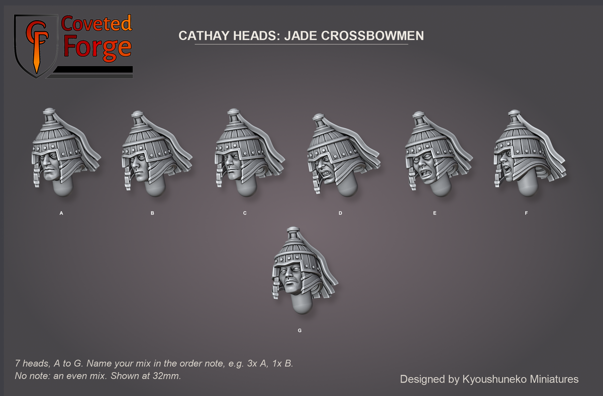 Coveted Forge bits sheet: Heads (3 of 11), Cathay Heads Jade Crossbowmen style guide, 7 different heads lettered A to G to name in the order note, shown at 32mm, resin heads with neck pegs by Kyoushuneko Miniatures.