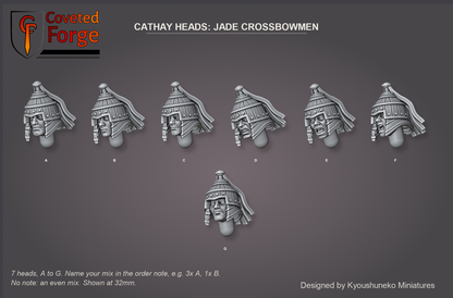 Coveted Forge bits sheet: Heads (3 of 11), Cathay Heads Jade Crossbowmen style guide, 7 different heads lettered A to G to name in the order note, shown at 32mm, resin heads with neck pegs by Kyoushuneko Miniatures.