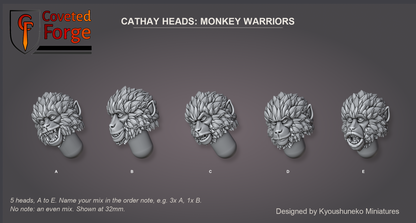 Coveted Forge bits sheet: Heads (8 of 11), Cathay Heads Monkey Warriors style guide, 5 different heads lettered A to E to name in the order note, shown at 32mm, resin heads with neck pegs by Kyoushuneko Miniatures.