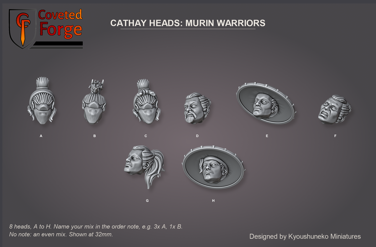 Coveted Forge bits sheet: Heads (9 of 11), Cathay Heads Murin Warriors style guide, 8 different heads lettered A to H to name in the order note, shown at 32mm, resin heads with neck pegs by Kyoushuneko Miniatures.