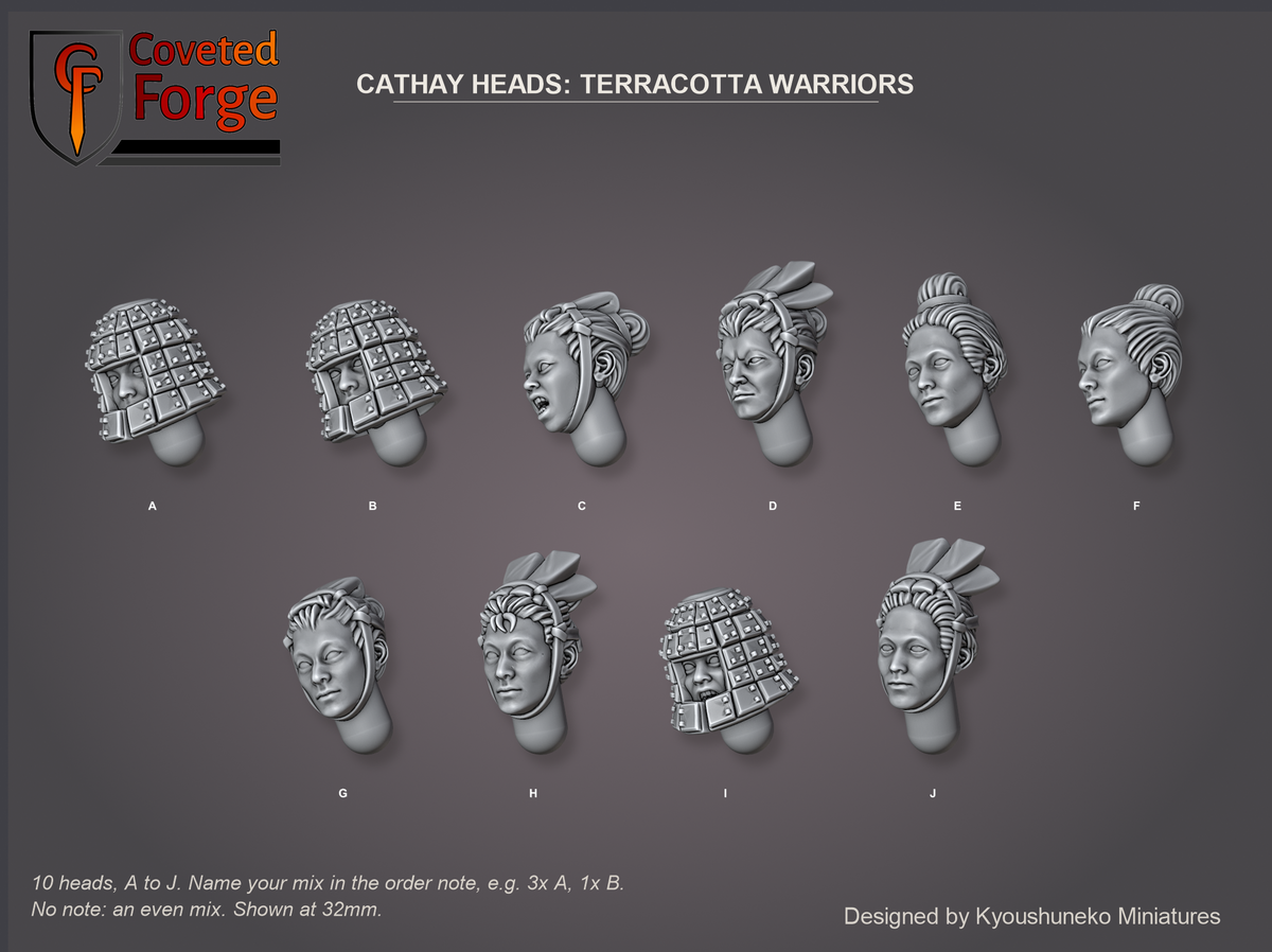 Coveted Forge bits sheet: Heads (7 of 11), Cathay Heads Terracotta Warriors style guide, 10 different heads lettered A to J to name in the order note, shown at 32mm, resin heads with neck pegs by Kyoushuneko Miniatures.