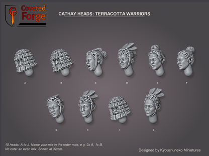 Coveted Forge bits sheet: Heads (7 of 11), Cathay Heads Terracotta Warriors style guide, 10 different heads lettered A to J to name in the order note, shown at 32mm, resin heads with neck pegs by Kyoushuneko Miniatures.