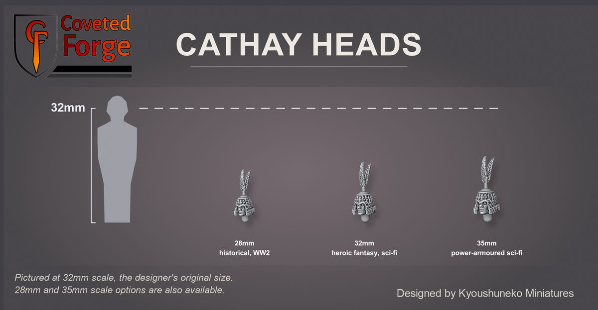 Coveted Forge scale reference: one Cathay Jade Warriors head at 28mm, 32mm and 35mm scale beside a 32mm human silhouette, front three-quarter view, each scale labelled with the ranges it suits; 32mm is the designer's original size, a downscaled 28mm option and an upscaled 35mm option are also available; every head style is the same scale.