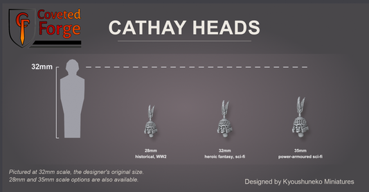 Coveted Forge scale reference: one Cathay Jade Warriors head at 28mm, 32mm and 35mm scale beside a 32mm human silhouette, front three-quarter view, each scale labelled with the ranges it suits; 32mm is the designer's original size, a downscaled 28mm option and an upscaled 35mm option are also available; every head style is the same scale.