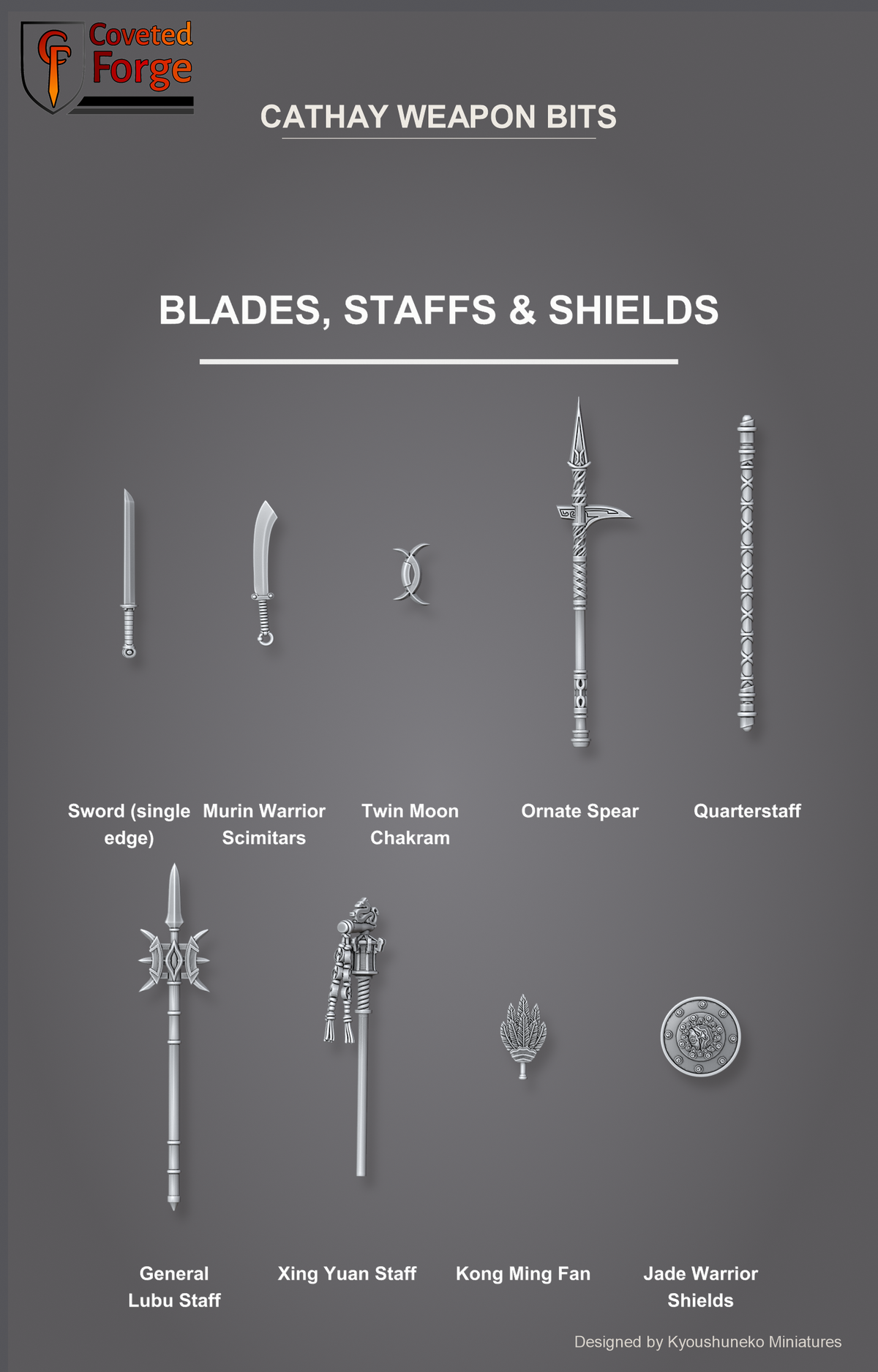 Cathay Weapon Bits - Blades, Staffs and Shields - Kyoushuneko Miniatures - resin 3D printed bits