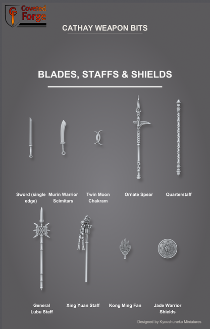 Cathay Weapon Bits - Blades, Staffs and Shields - Kyoushuneko Miniatures - resin 3D printed bits