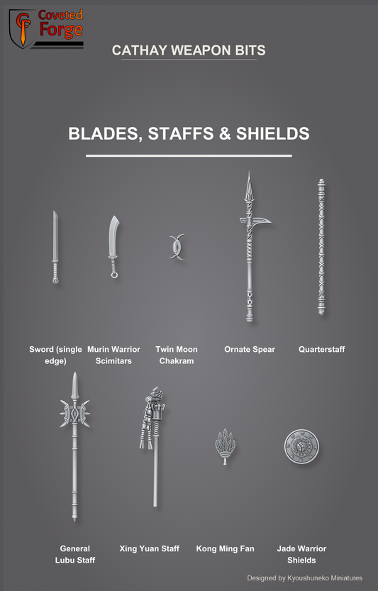 Cathay Weapon Bits - Blades, Staffs and Shields - Kyoushuneko Miniatures - resin 3D printed bits