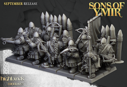 Dwarf Crossbowmen regiment with steel crossbows and barricades
