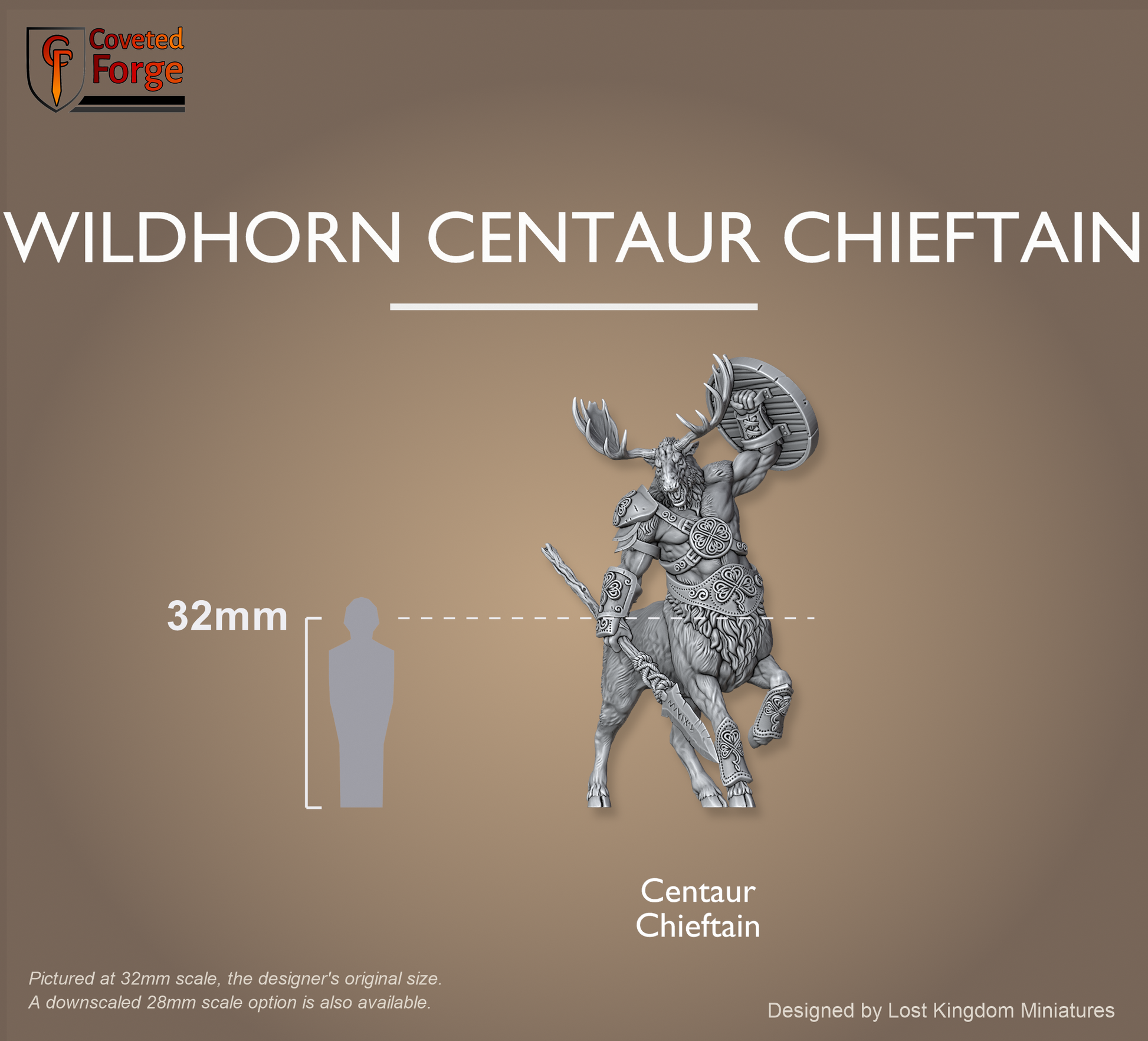 Wildhorn Centaur Chieftain beside a 32mm human silhouette for scale, scale note