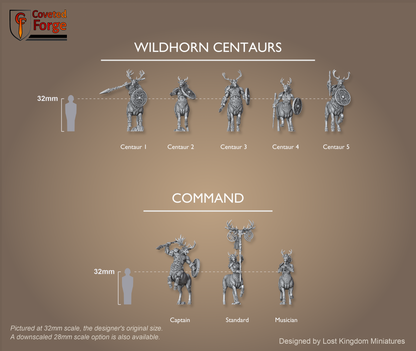 Wildhorn Centaurs scale lineup with command beside a 32mm human, scale note