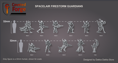 Coveted Forge scale lineup: Full Set shown with every model, Model 1 to Model 10, plus the Totem, beside a 32mm human silhouette, front three-quarter view; all 11 sculpts of the Complete Set