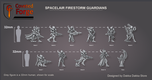 Coveted Forge scale lineup: Full Set shown with every model, Model 1 to Model 10, plus the Totem, beside a 32mm human silhouette, front three-quarter view; all 11 sculpts of the Complete Set