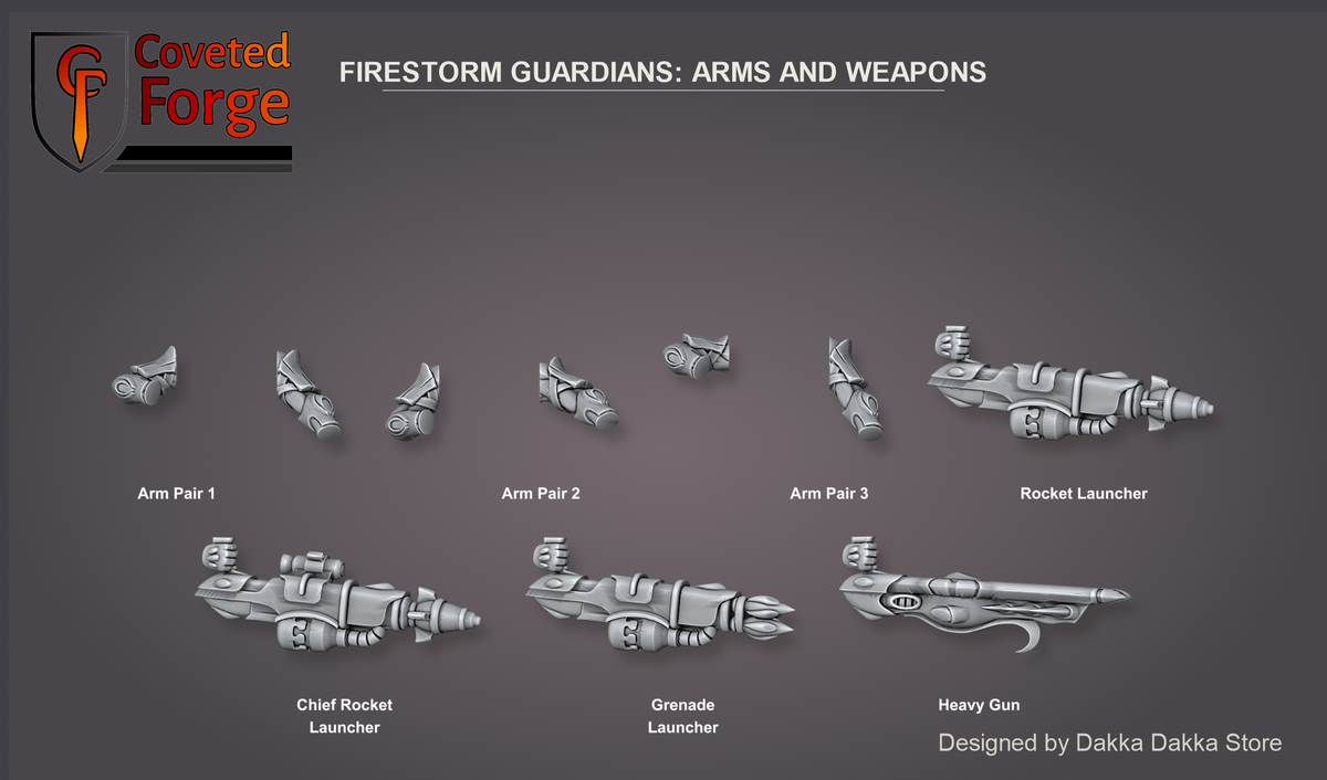 Coveted Forge bits sheet: Arms and Weapons, Spacelair Firestorm Guardians build kit: Arm Pair 1 to 3, Rocket Launcher, Chief Rocket Launcher, Grenade Launcher, Heavy Gun