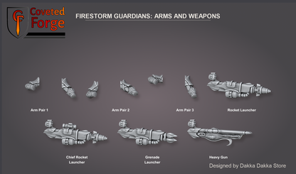 Coveted Forge bits sheet: Arms and Weapons, Spacelair Firestorm Guardians build kit: Arm Pair 1 to 3, Rocket Launcher, Chief Rocket Launcher, Grenade Launcher, Heavy Gun