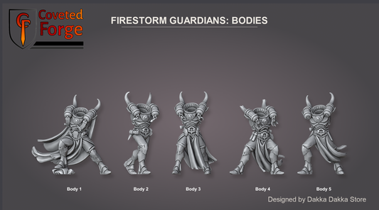 Coveted Forge bits sheet: Bodies, Spacelair Firestorm Guardians build kit, Body 1 to Body 5 labelled; the Body value is any of these