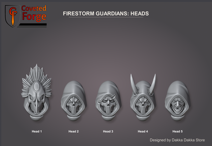 Coveted Forge bits sheet: Heads, Spacelair Firestorm Guardians build kit, Head 1 to Head 5 labelled; the Head value is any of these