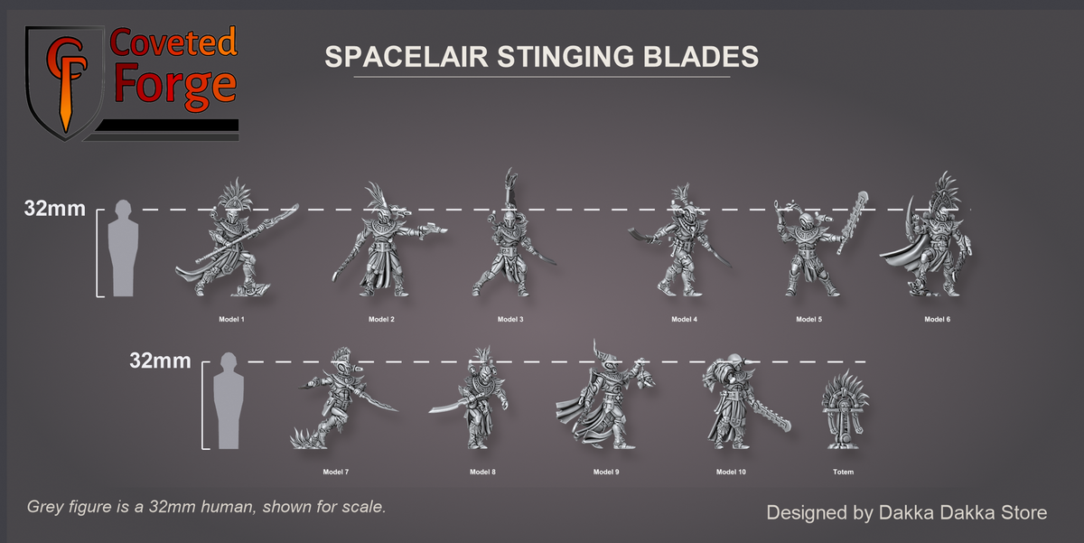 Coveted Forge scale lineup: Full Set shown with every model, Model 1 to Model 10, plus the Totem, beside a 32mm human silhouette, front three-quarter view; all 11 sculpts of the Complete Set