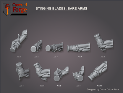 Coveted Forge bits sheet: Bare Arms, Spacelair Stinging Blades build kit, Arm 1 to Arm 10, right-hand piece of each pair labelled