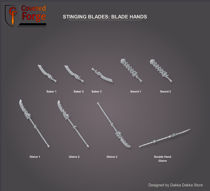 Coveted Forge bits sheet: Blade Hands, Spacelair Stinging Blades build kit: Saber 1 to 3, Sword 1 to 2, Glaive 1 to 3, Double Hand Glaive, right-hand piece of each pair labelled