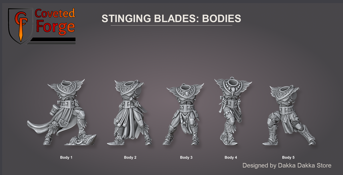 Coveted Forge bits sheet: Bodies, Spacelair Stinging Blades build kit, Body 1 to Body 5 labelled; the Body value is any of these