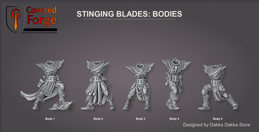 Coveted Forge bits sheet: Bodies, Spacelair Stinging Blades build kit, Body 1 to Body 5 labelled; the Body value is any of these