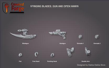 Coveted Forge bits sheet: Gun and Open Hands, Spacelair Stinging Blades build kit: Bladegun, Handgun, Grenade 1, Grenade 2, Fist, Free Hand, Pointing Hand, Double Arm