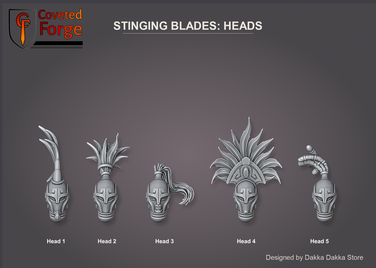 Coveted Forge bits sheet: Heads, Spacelair Stinging Blades build kit, Head 1 to Head 5 labelled; the Head value is any of these