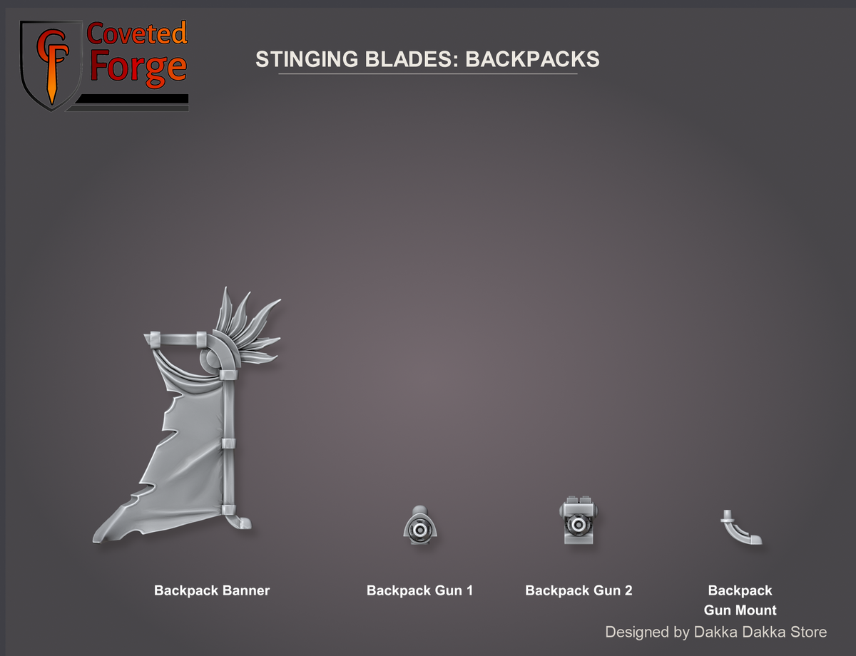 Coveted Forge bits sheet: Backpacks, Spacelair Stinging Blades build kit: Backpack Banner, Backpack Gun 1, Backpack Gun 2, Backpack Gun Mount, right-hand piece of each pair labelled