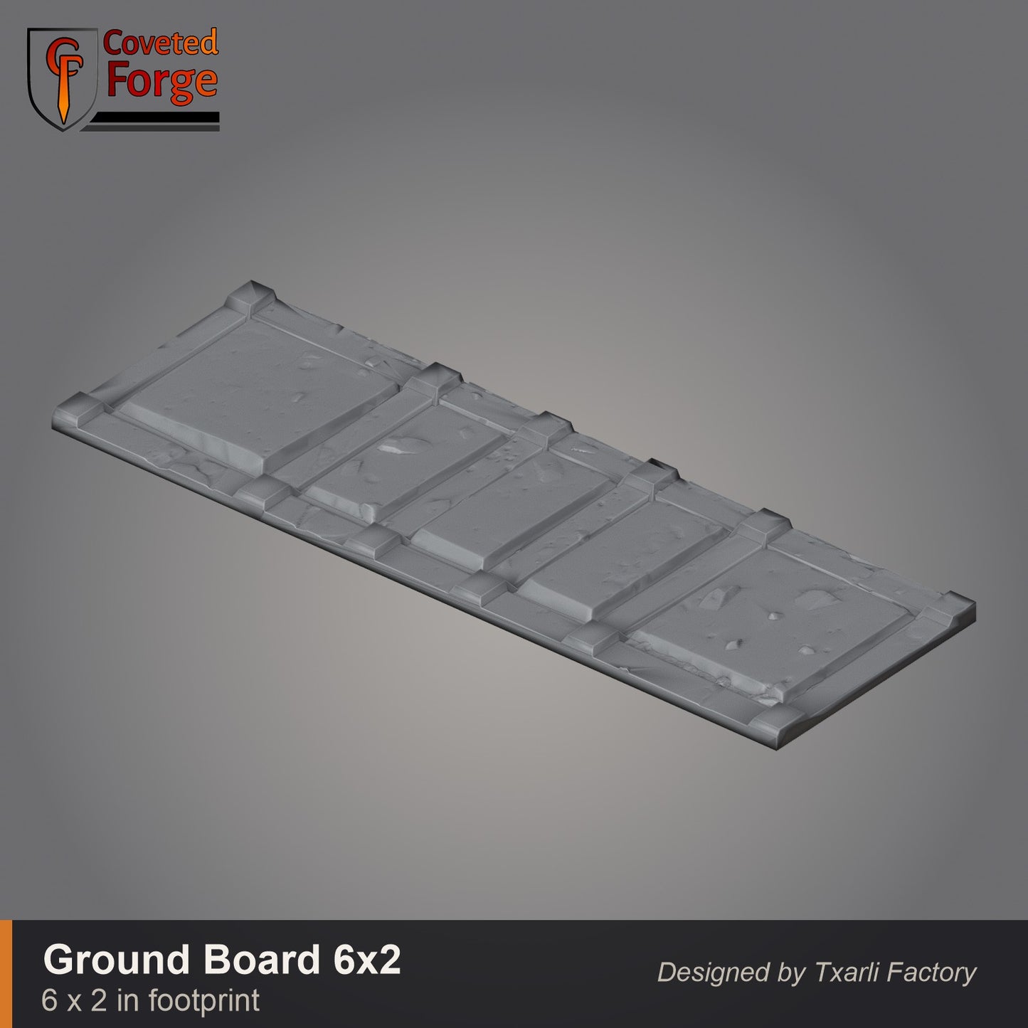 Paved gothic ground board, 6 by 2 inch battlefield tile with rubble detail, CF clay render. 3D printed resin gothic sci-fi wargaming terrain, unpainted, Warhammer 40K Sector Imperialis proxy scenery, designed by Txarli Factory.
