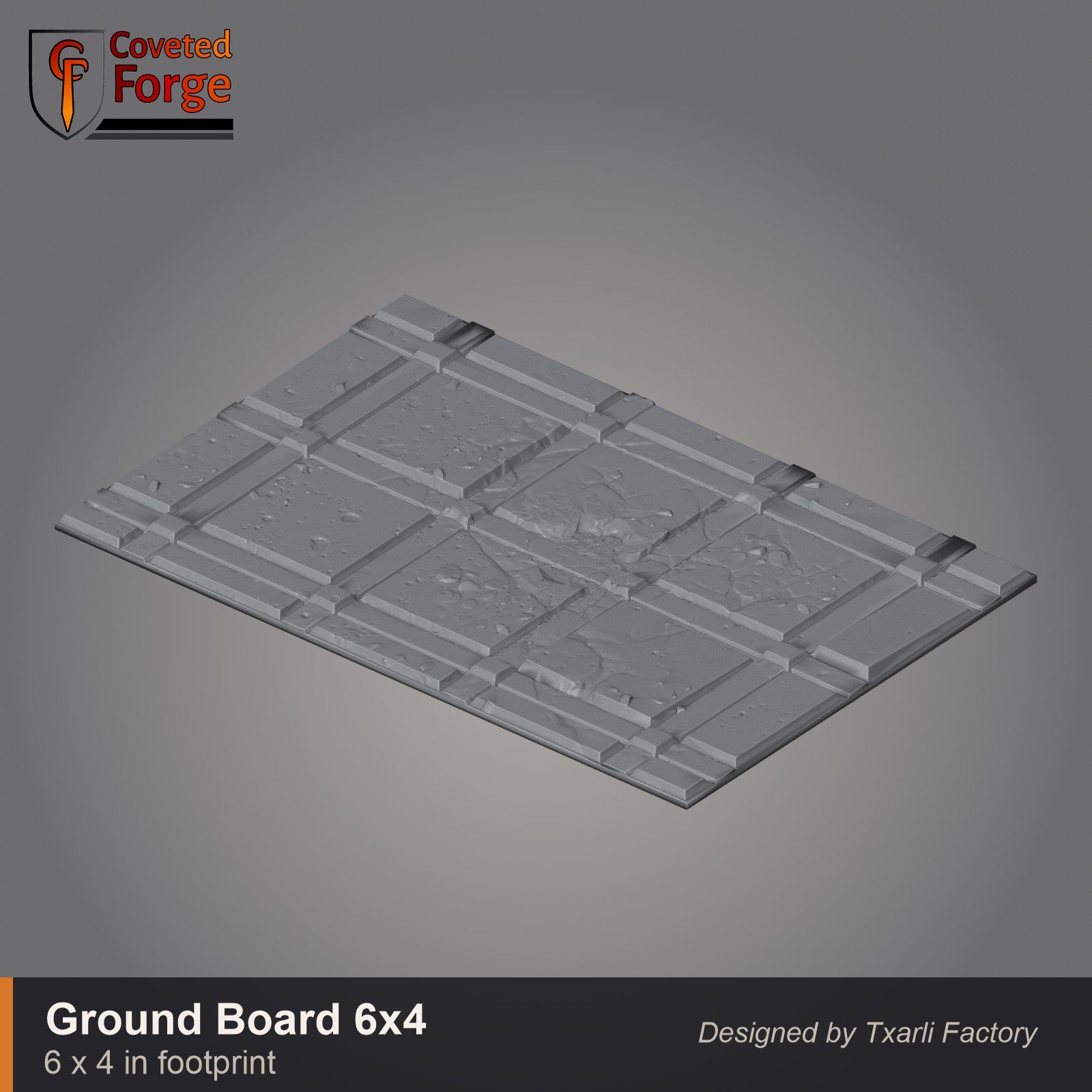 Paved gothic ground board, 6 by 4 inch battlefield tile with rubble detail, CF clay render. 3D printed resin gothic sci-fi wargaming terrain, unpainted, Warhammer 40K Sector Imperialis proxy scenery, designed by Txarli Factory.