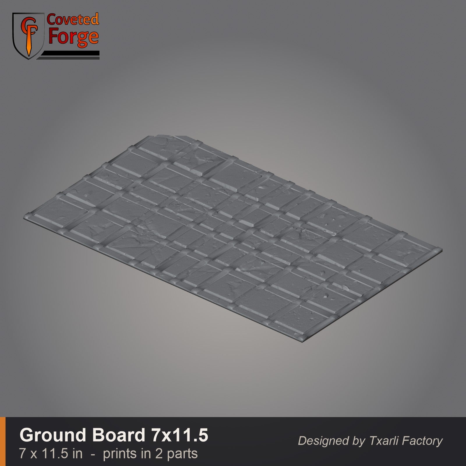 Large paved gothic ground board, 7 by 11.5 inch battlefield tile that prints in two parts, CF clay render. 3D printed resin gothic sci-fi wargaming terrain, unpainted, Warhammer 40K Sector Imperialis proxy scenery, designed by Txarli Factory.