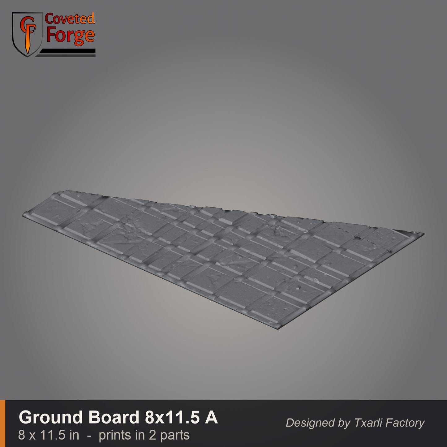 Large paved gothic ground board A, 8 by 11.5 inch battlefield tile that prints in two parts, CF clay render. 3D printed resin gothic sci-fi wargaming terrain, unpainted, Warhammer 40K Sector Imperialis proxy scenery, designed by Txarli Factory.