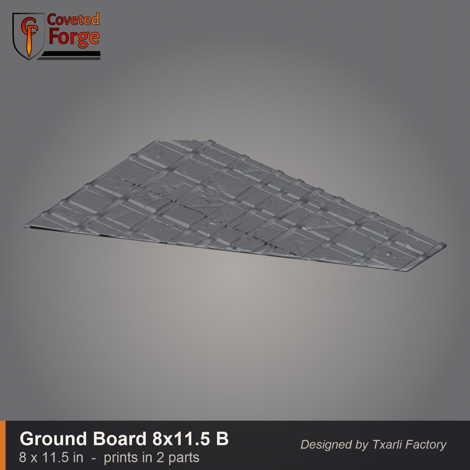 Large paved gothic ground board B, 8 by 11.5 inch battlefield tile that prints in two parts, CF clay render. 3D printed resin gothic sci-fi wargaming terrain, unpainted, Warhammer 40K Sector Imperialis proxy scenery, designed by Txarli Factory.