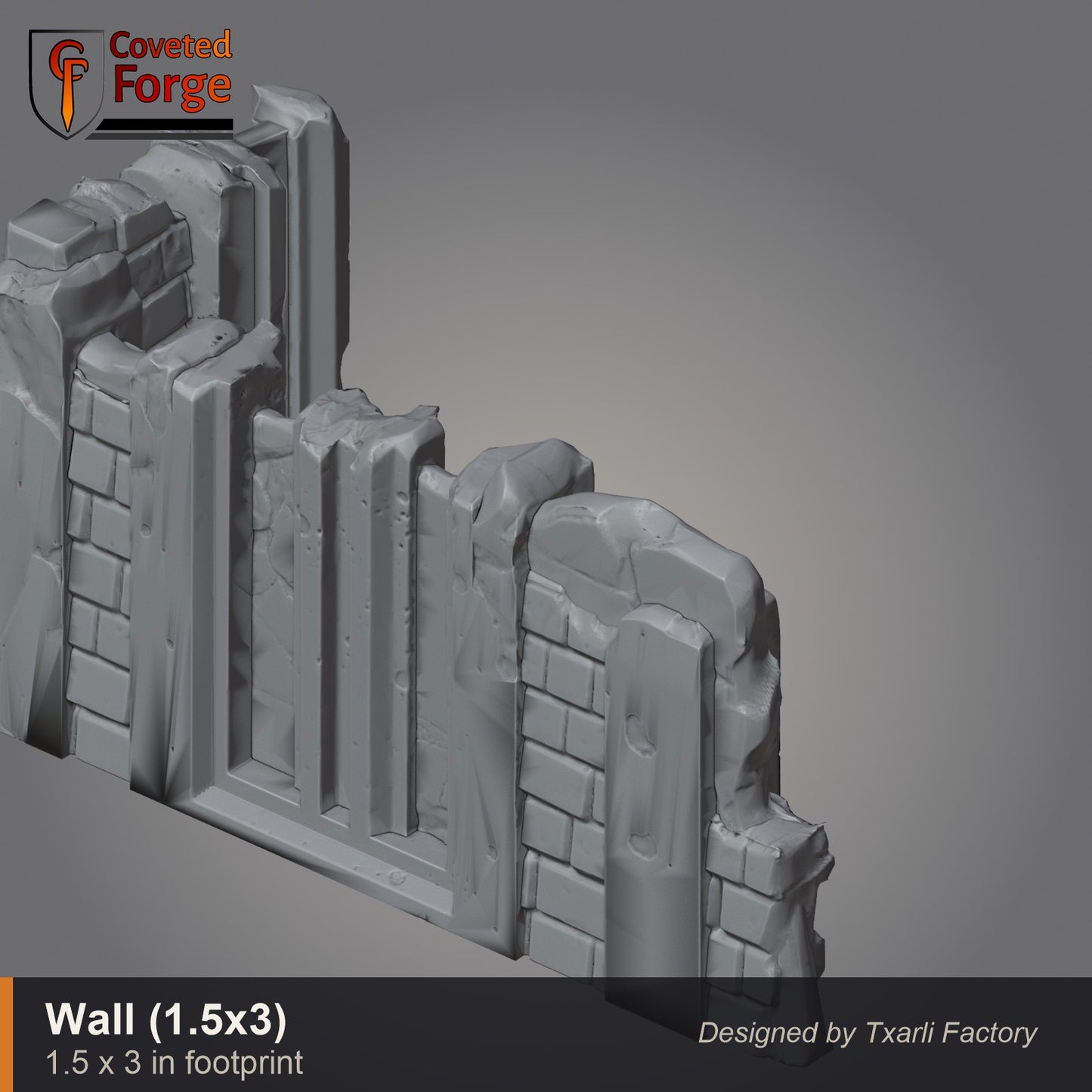 Straight gothic wall piece, 1.5 by 3 inch footprint, CF clay render. 3D printed resin gothic sci-fi wargaming terrain, unpainted, Warhammer 40K Sector Imperialis proxy scenery, designed by Txarli Factory.