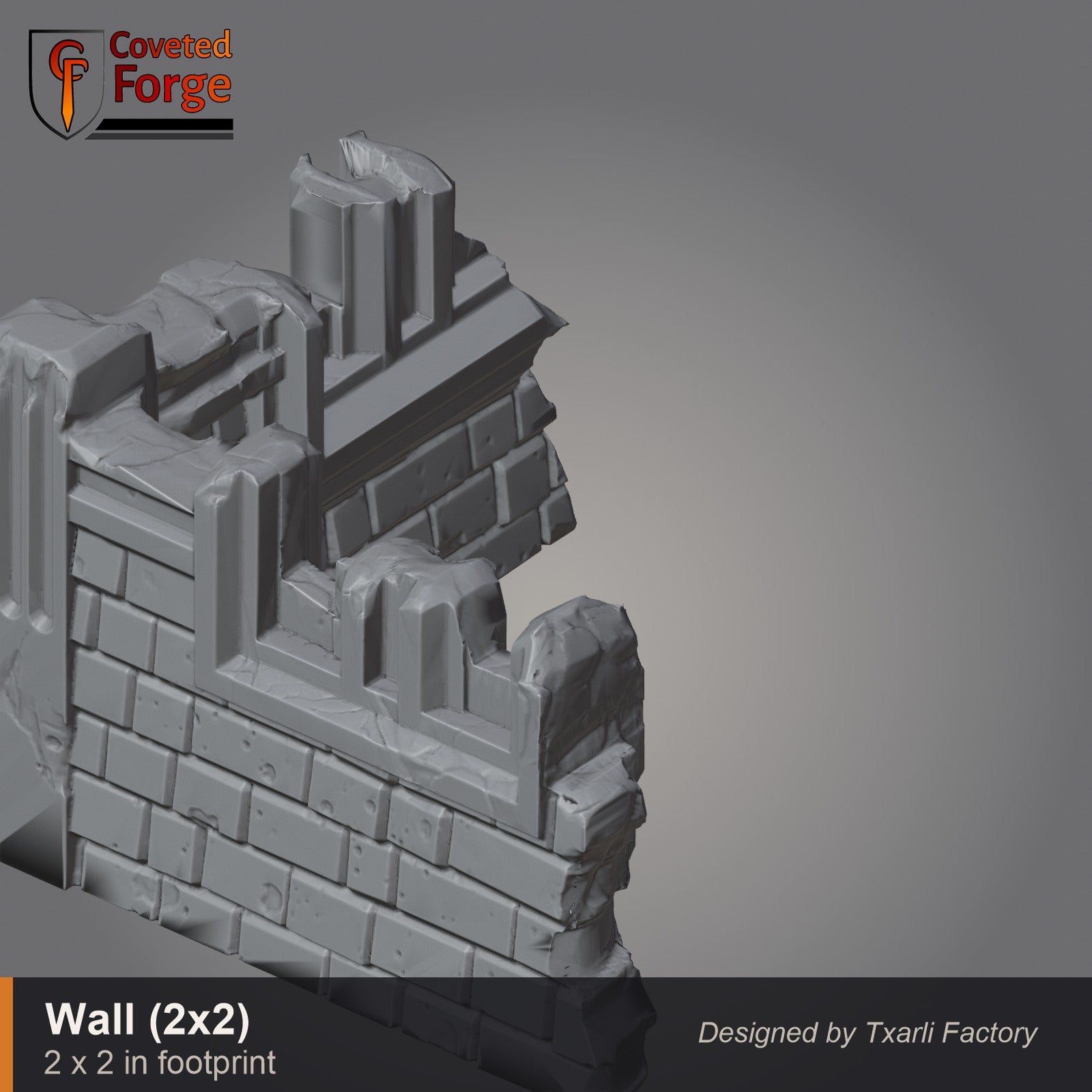 Straight gothic wall piece, 2 by 2 inch footprint, CF clay render. 3D printed resin gothic sci-fi wargaming terrain, unpainted, Warhammer 40K Sector Imperialis proxy scenery, designed by Txarli Factory.