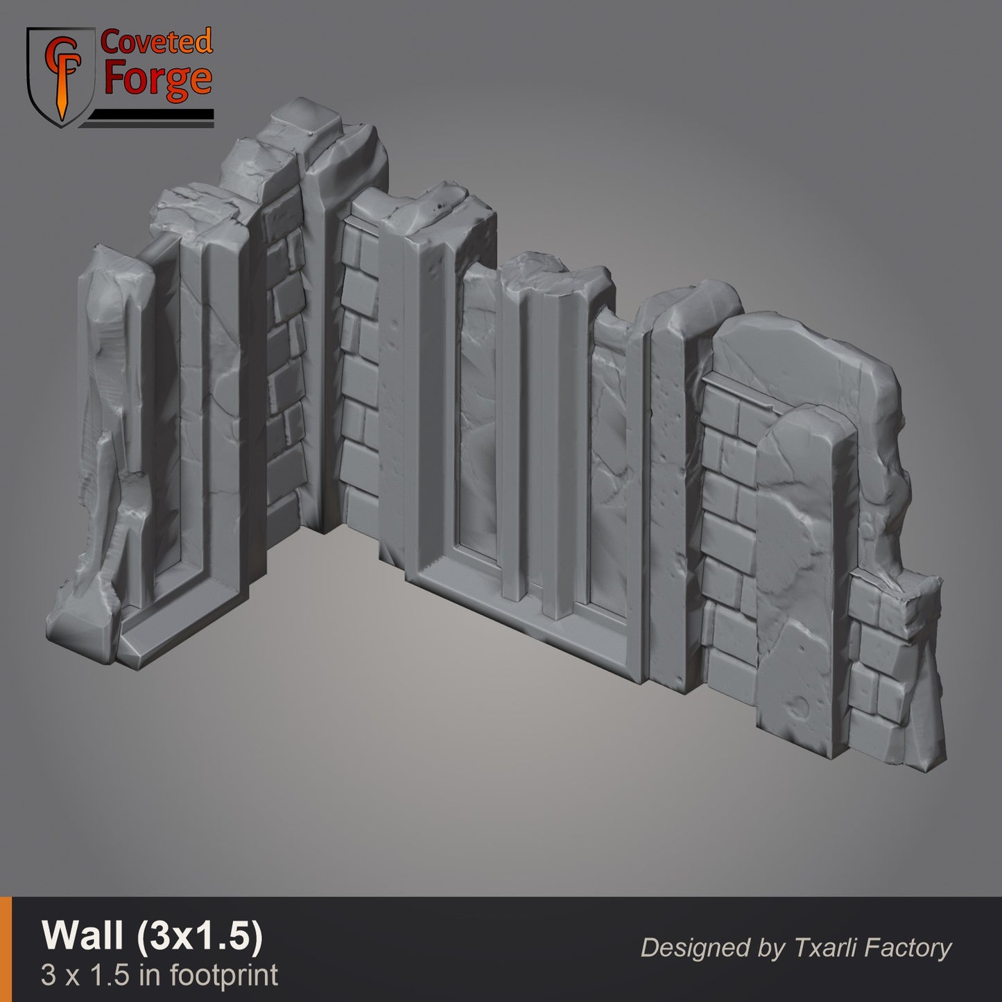 Straight gothic wall piece, 3 by 1.5 inch footprint, CF clay render. 3D printed resin gothic sci-fi wargaming terrain, unpainted, Warhammer 40K Sector Imperialis proxy scenery, designed by Txarli Factory.