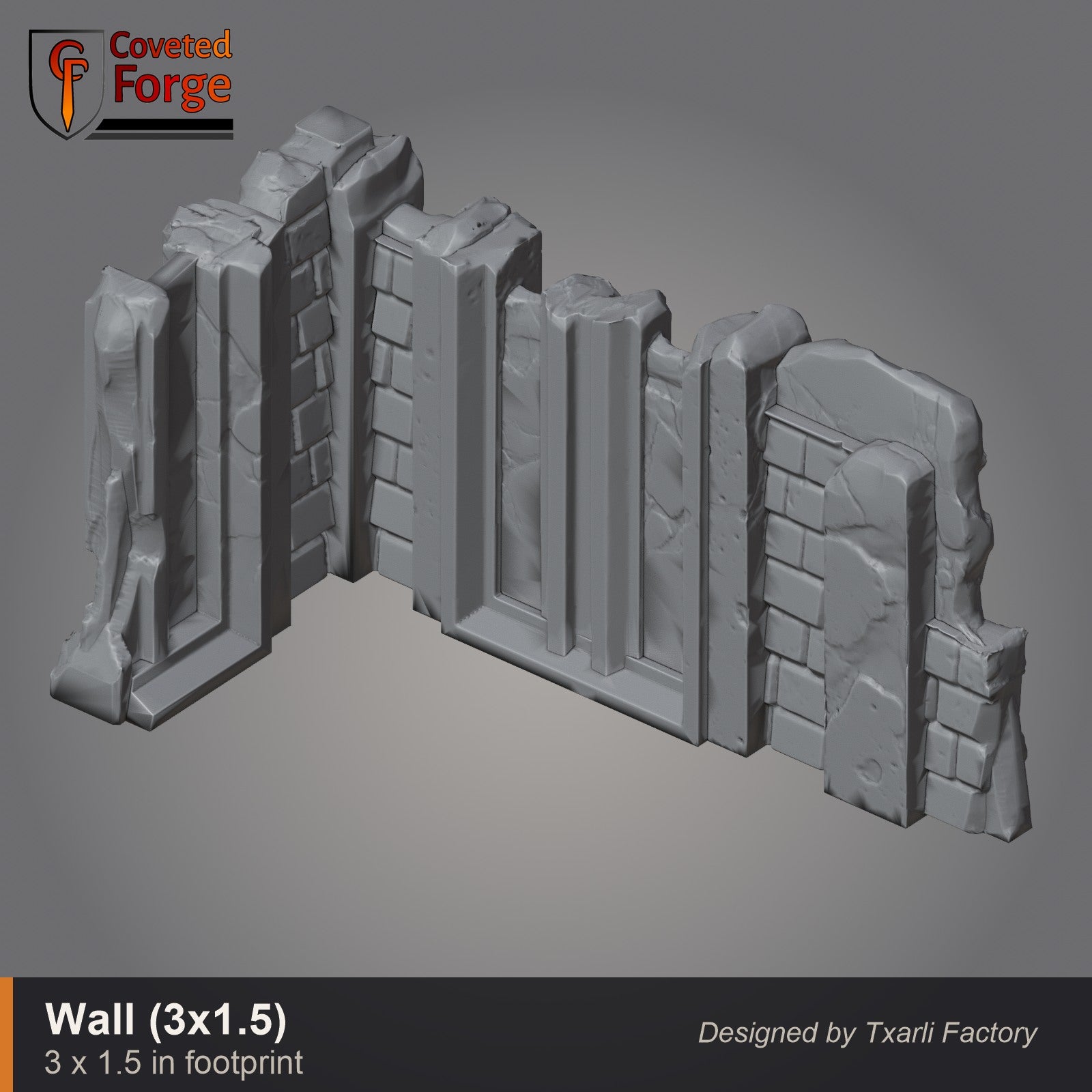 Straight gothic wall piece, 3 by 1.5 inch footprint, CF clay render. 3D printed resin gothic sci-fi wargaming terrain, unpainted, Warhammer 40K Sector Imperialis proxy scenery, designed by Txarli Factory.