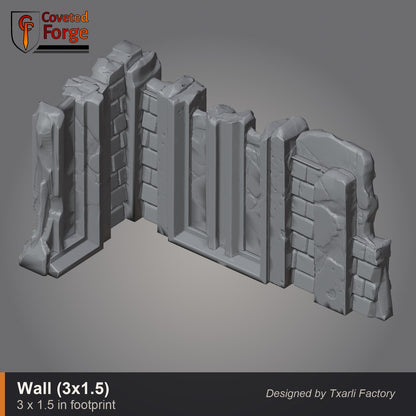 Straight gothic wall piece, 3 by 1.5 inch footprint, CF clay render. 3D printed resin gothic sci-fi wargaming terrain, unpainted, Warhammer 40K Sector Imperialis proxy scenery, designed by Txarli Factory.