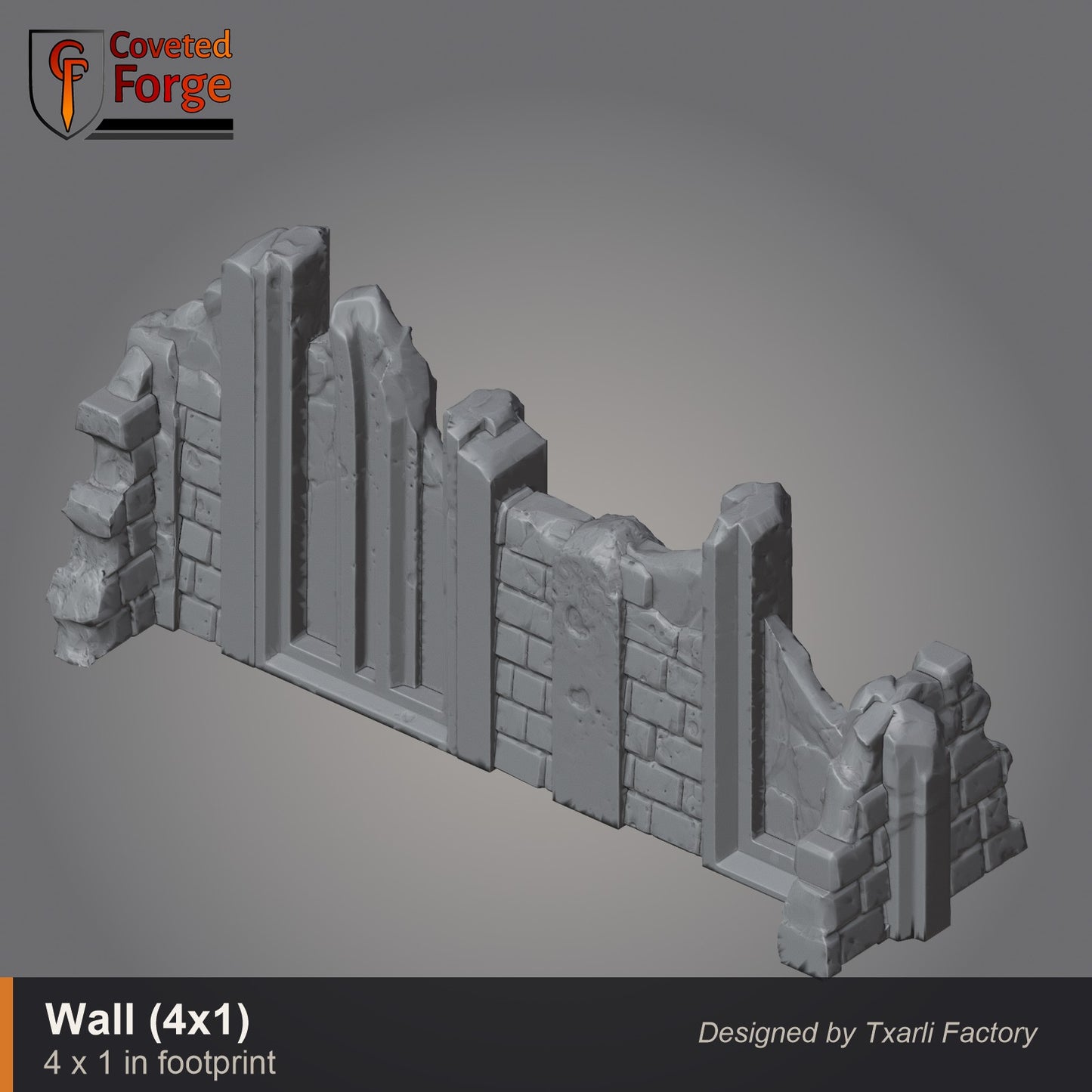 Straight gothic wall piece, 4 by 1 inch footprint, CF clay render. 3D printed resin gothic sci-fi wargaming terrain, unpainted, Warhammer 40K Sector Imperialis proxy scenery, designed by Txarli Factory.
